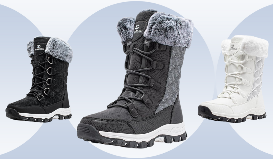 winter boots in black, gray and white