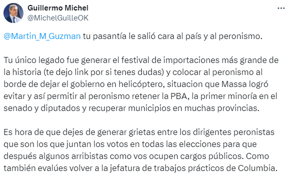 Las críticas de Guzmán merecieron una respuesta enérgica por parte del sector de Massa