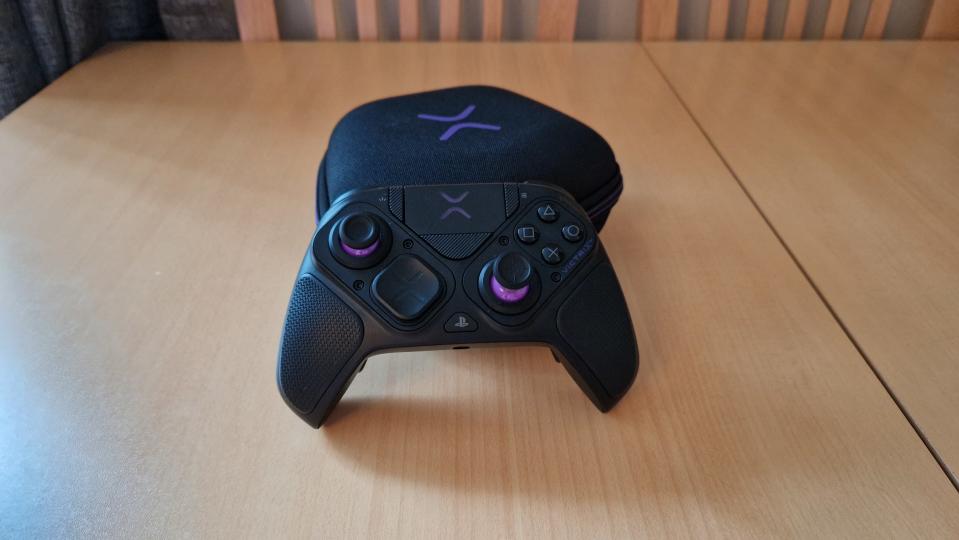 Victrix Pro BFG review image showing the controller leaning against its case