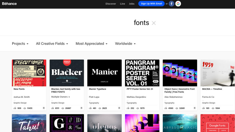 A screenshot from Behance, one of the best places to download free fonts