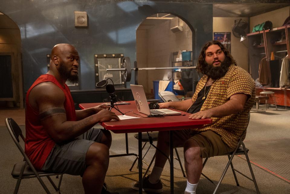 "Apocalypse," played by James Harrison, left, and "Diego Cottonmouth," played by Robby Ramos, in the first season of the Starz wrestling drama "Heels."
