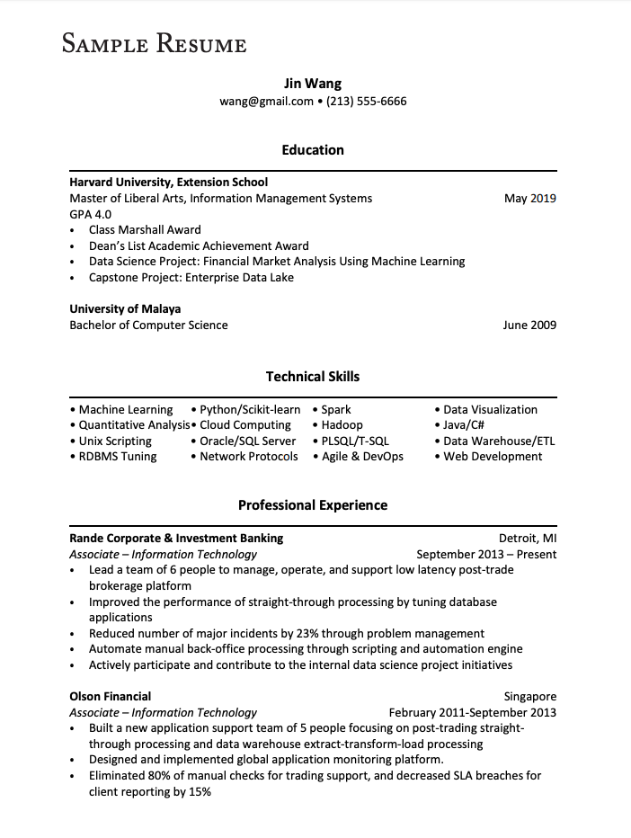 Sample resumé. Source: Harvard Office of Career Services