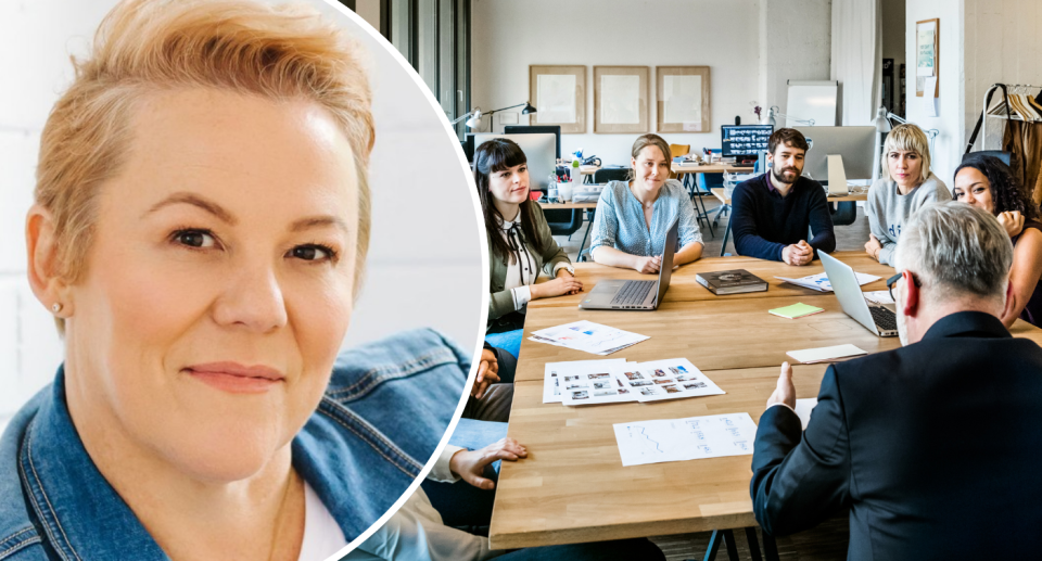 Middle management expert Rebecca Houghton next to an office with workers and manager