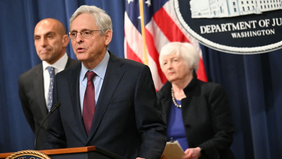US Attorney General Merrick Garland speaks at a press conference with US Treasury Secretary Janet Yellen (R) and Commodity Futures Trading Commission (CFTC) Chairman Rostin Behnam (R) to announce actions against Binance and its CEO Changpeng Zhao. - Mandel Ngan/AFP/Getty Images