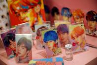 Goods of K-pop idol boy band BTS are seen on display at a pop-up store selling BTS merchandise in Seoul