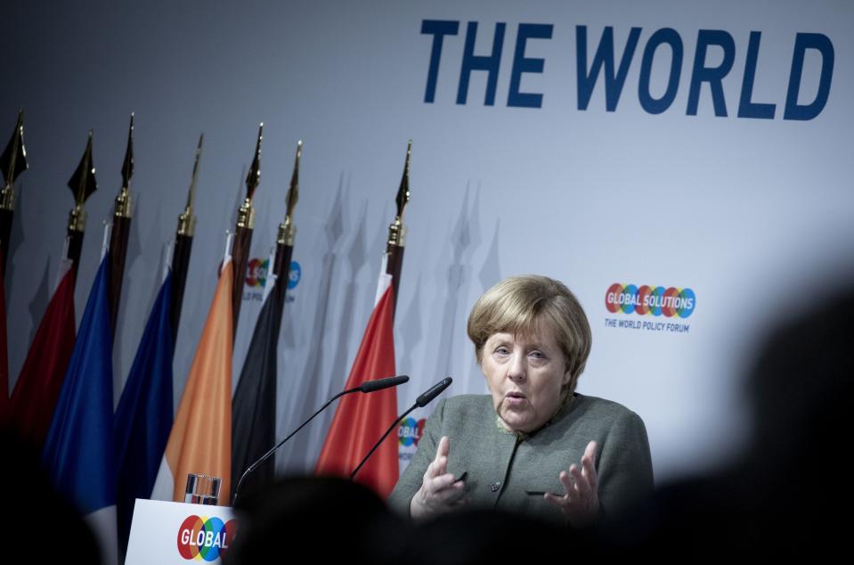 German chancellor Angela Merkel attends the 'Global Solutions Summit' in Berlin, Germany, Tuesday, March 19, 2019. Germany has launched an auction for frequencies in the future super-fast 5G network following a dispute over conditions imposed by authorities and questions over whether China's Huawei can supply equipment. (Kay Nietfeld/dpa via AP)