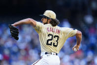 Arizona Diamondbacks starting pitcher Zac Gallen throw a pitch against the Los Angeles Dodgers during the first inning of a baseball game Saturday, Sept. 25, 2021, in Phoenix. (AP Photo/Ross D. Franklin)