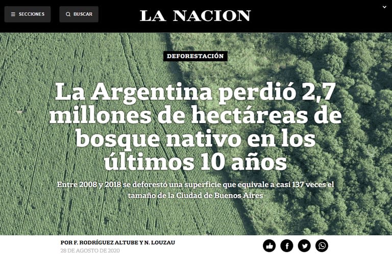 En 10 años. Se deforestó una superficie mayor a 137 ciudades de Buenos Aires. Una producción de LN Data liderada por Florencia Rodríguez Altube, Natalia Louzau y equipo del área de edición visual