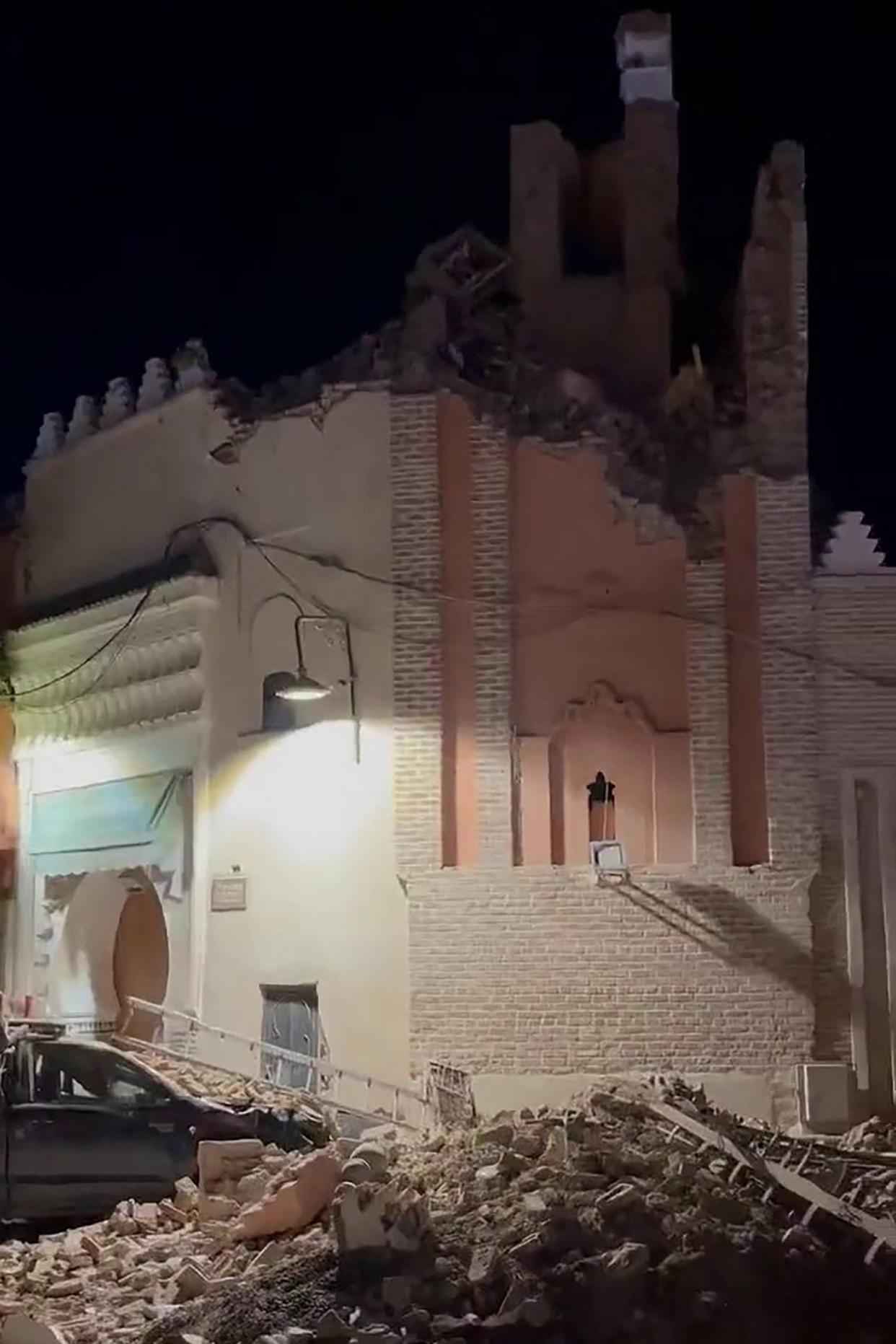 This handout frame grab of video footage courtesy of Michal Bizet and provided to AFPTV early 9 September shows a damaged building in Marrakesh (Michal Bizet/UGC/AFP via Getty)