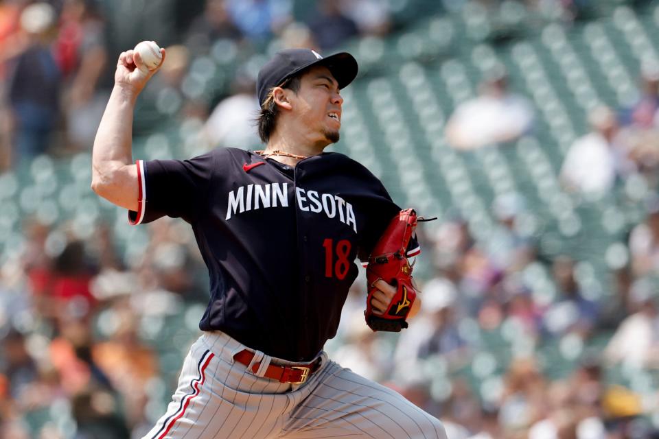 Minnesota Twins starting pitcher Kenta Maeda pitches in the first inning against the Detroit Tigers at Comerica Park in Detroit, Michigan on Aug. 10, 2023.