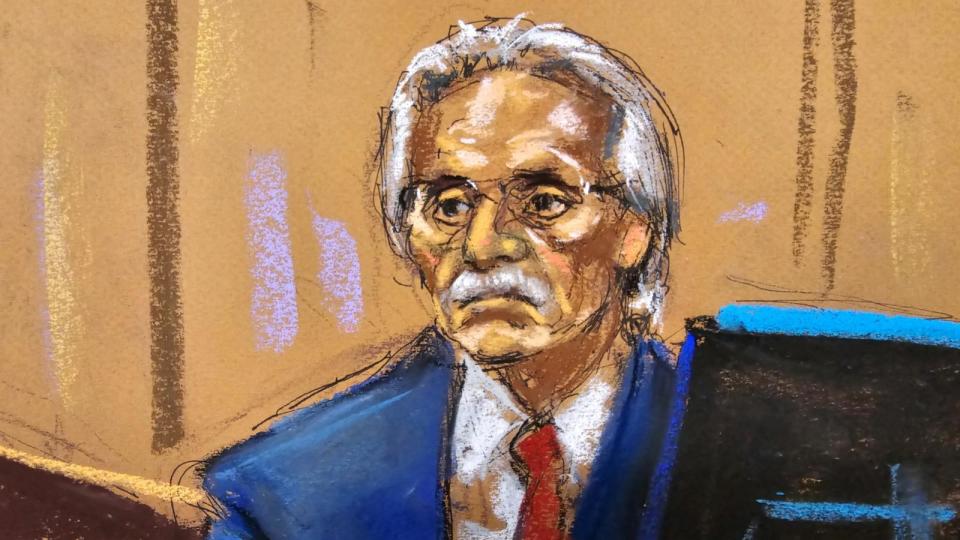 PHOTO: David Pecker is cross examined by Emil Bove during former President Donald Trump's criminal trial in Manhattan state court in New York City, April 26, 2024 in this courtroom sketch. (Jane Rosenberg via Reuters)