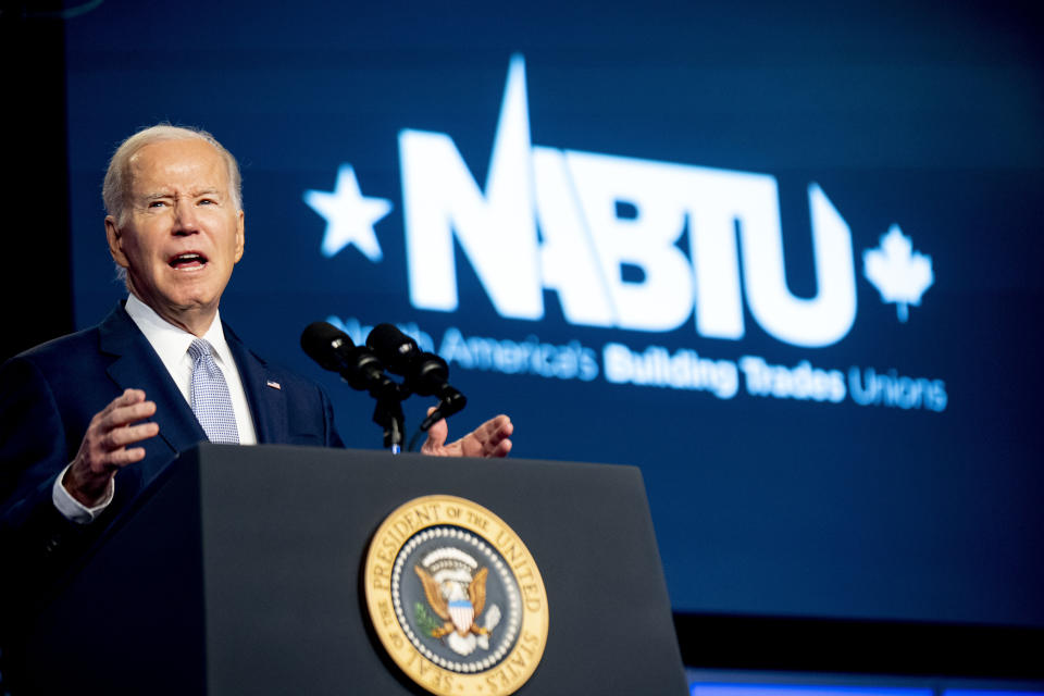 FILE - President Joe Biden speaks at the North America's Building Trades Union National Legislative Conference at the Washington Hilton in Washington, April 25, 2023. (AP Photo/Andrew Harnik, File)