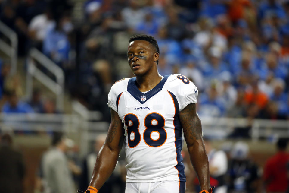 Denver Broncos wide receiver Demaryius Thomas (88) plays against the Detroit Lions during the second half of an NFL football game, Sunday, Sept. 27, 2015, in Detroit. (AP Photo/Paul Sancya)