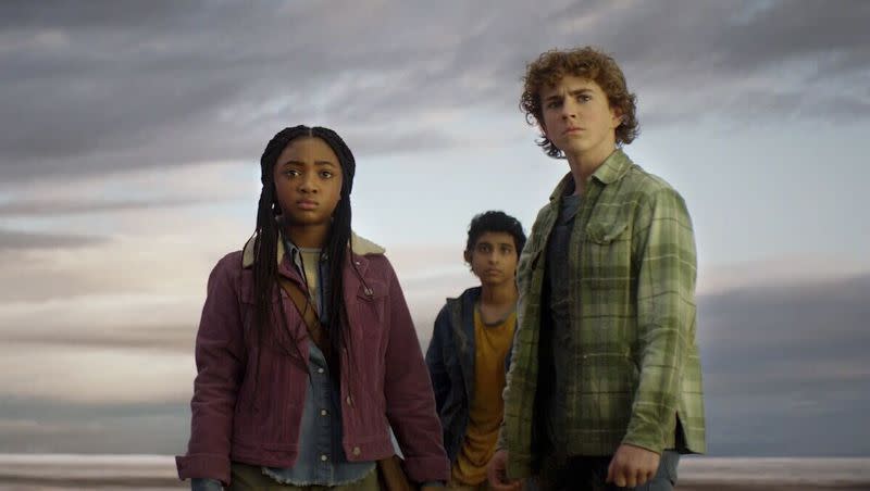 Walker Scobell, Leah Sava Jeffries, and Aryan Simhadri, in a scene from “Percy Jackson and the Olympians.”