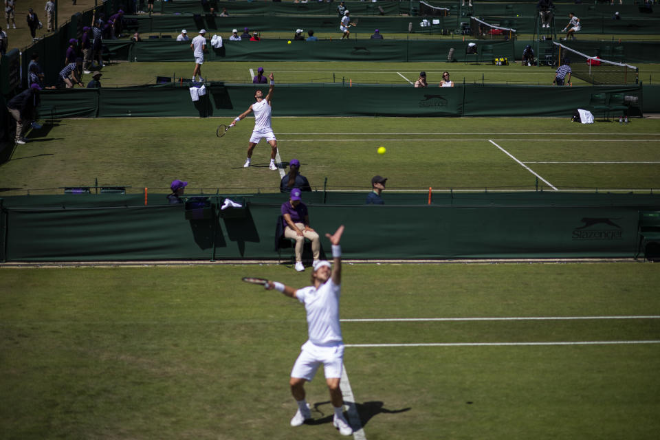 LONDON, ENGLAND - JUNE 20: Andrea Pellegrino of Italy serves during his match against Nino Serdarusic of Croatria during Day 1 of Wimbledon Championships Qualifying on June 20, 2022 in London, England. (Photo by Justin Setterfield/Getty Images)