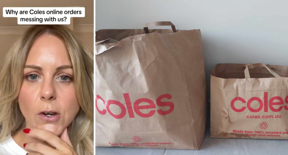 Left, a Coles shopper speaks about the change online. Right, the two different sizes of paper bags are visible as they stand side by side. 