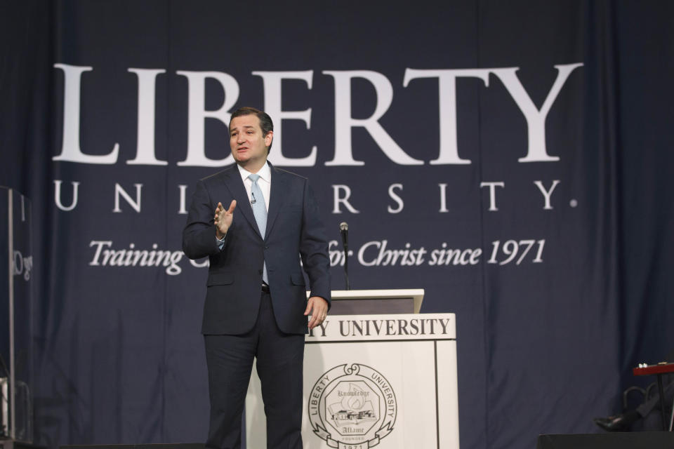 In this image provided by Liberty University, Sen. Ted Cruz, R-Texas., speaks in the Convocation Center at Liberty University in Lynchburg, Va., Wednesday, April 2, 2014. Cruz said Wednesday that religious Americans have a duty to take a stand against policies, such as President Barack Obama's health care law, that could threaten their liberties. (AP Photo /Liberty University,Ty Hester)