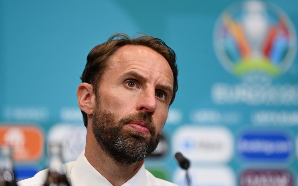 In this Handout picture provided by UEFA, Gareth Southgate, Head Coach of England speaks to the media during the Croatia press conference after the UEFA Euro 2020 Championship Group D match between England and Croatia at Wembley Stadium on June 13, 2021 in London, England -  UEFA/UEFA via Getty Images