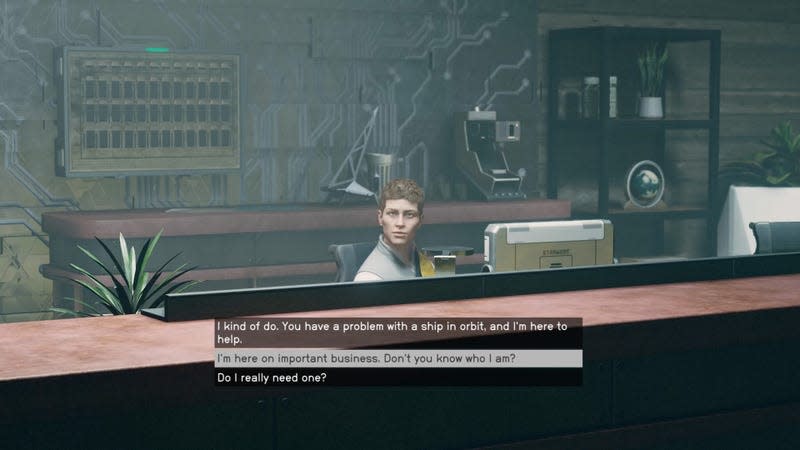 The protagonist of Starfield gets smart with a receptionist.