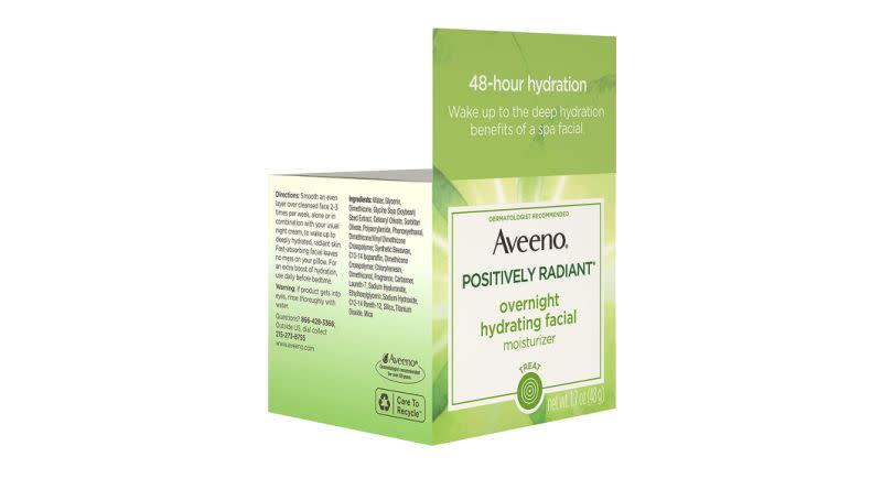 The actress also swears by the brand's positively radiant overnight hydrating facial. Photo: Aveeno