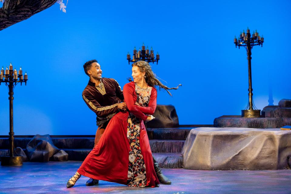 Jonathan Burke as King Arthur and Lissa deGuzman as Guinevere share in a tender moment in the Cape Playhouse production of "Camelot."