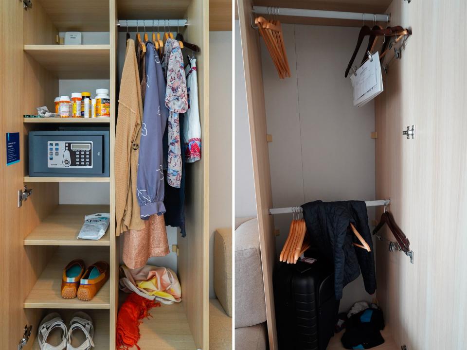 side by side photos of a full (L) and mostly-empty closet on a cruise ship