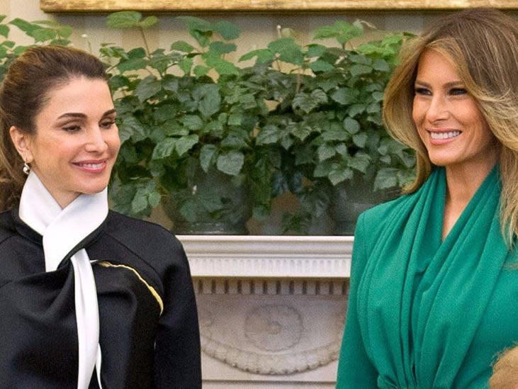 After being majorly criticised for wearing Italian designers Dolce & Gabbana in her official White House portrait, Melania embarked on some serious sartorial diplomacy. To meet Queen Rania of Jordan, she deliberately chose to wear green; a colour closely associated with the Islamic faith. The First Lady has finally learnt how to please through her wardrobe.