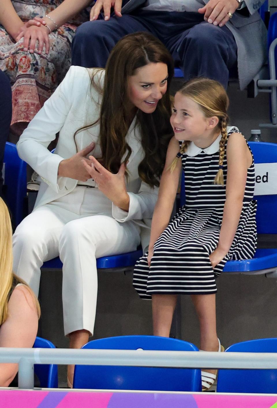 Catherine, Duchess of Cambridge and Princess Charlotte of Cambridge attend the Sandwell Aquatics Centre during the 2022 Commonwealth Games