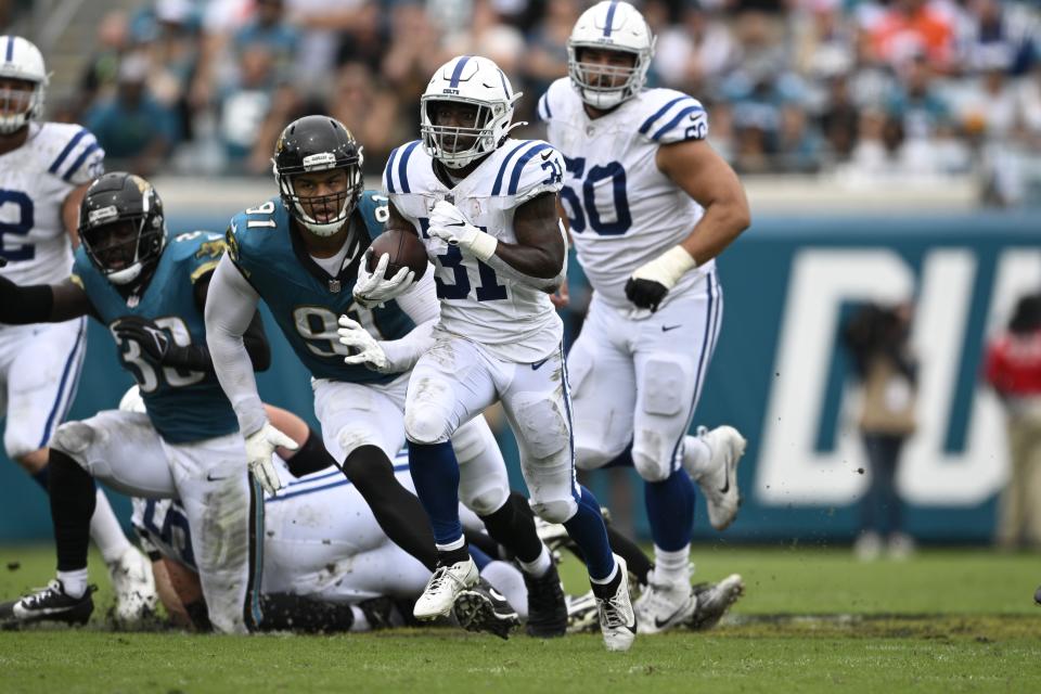 Indianapolis Colts running back Tyler Goodson (31) runs during the first half of an NFL football game against the Jacksonville Jaguars, Sunday, Oct. 6, 2024, in Jacksonville, Fla. (AP Photo/Phelan M. Ebenhack)