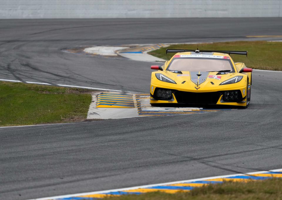 One of the GTD Corvettes working the infield course during weekend Rolex 24 testing.