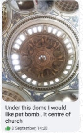 A message Safiyya Shaikh sent to an undercover officer saying she wanted to plant a bomb under the dome in the centre of St Paul's Cathedral. - Metropolitan Police