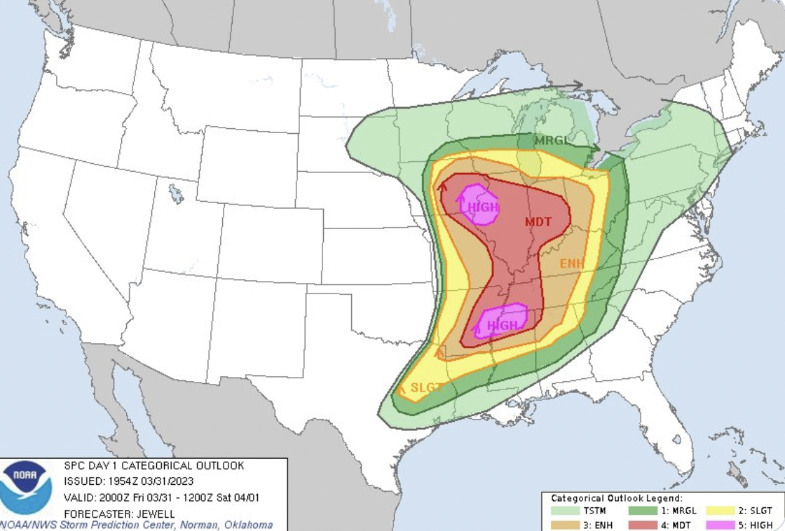 On Friday, two rare "high risk" zones for severe weather were issued by the Storm Prediction Center, one centered near Memphis and the other on the border between Iowa and Illinois. It's the first time in more than two years the SPC has issued a high risk.