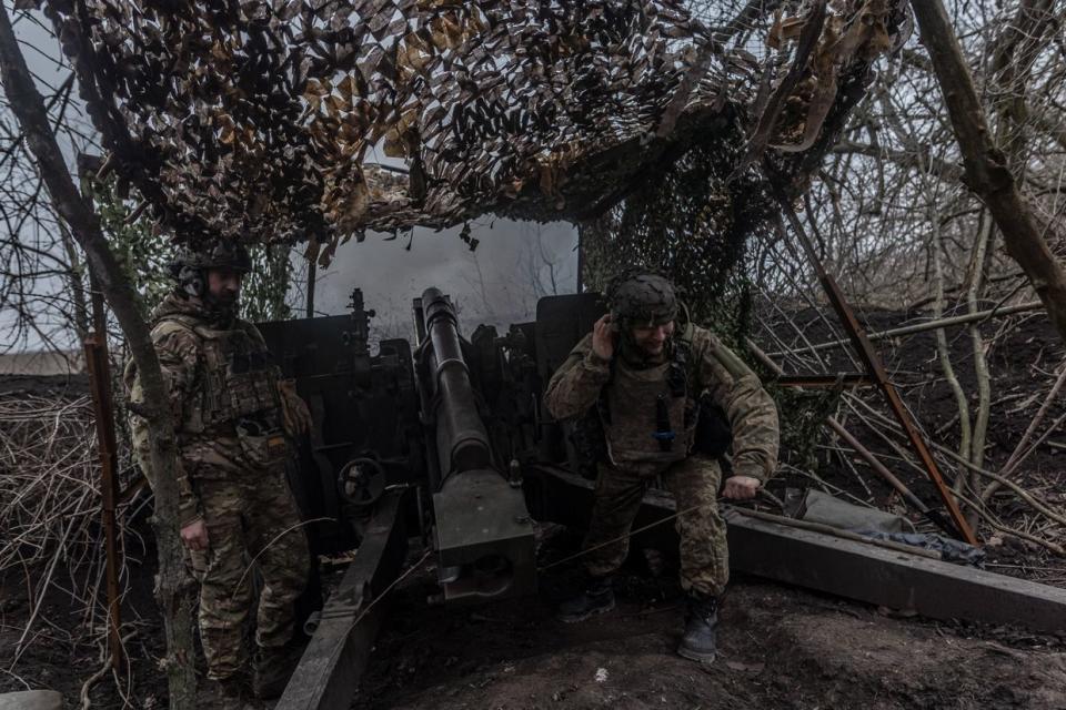 Ukrainian soldiers of the 71st Separate Jaeger Brigade fire artillery in the direction of Avdiivka, Donetsk Oblast, on Feb. 18, 2024. (Diego Herrera Carcedo/Anadolu via Getty Images) 