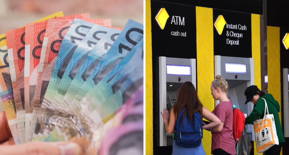 Australian money and CBA ATMs. Cashless Australia concept.