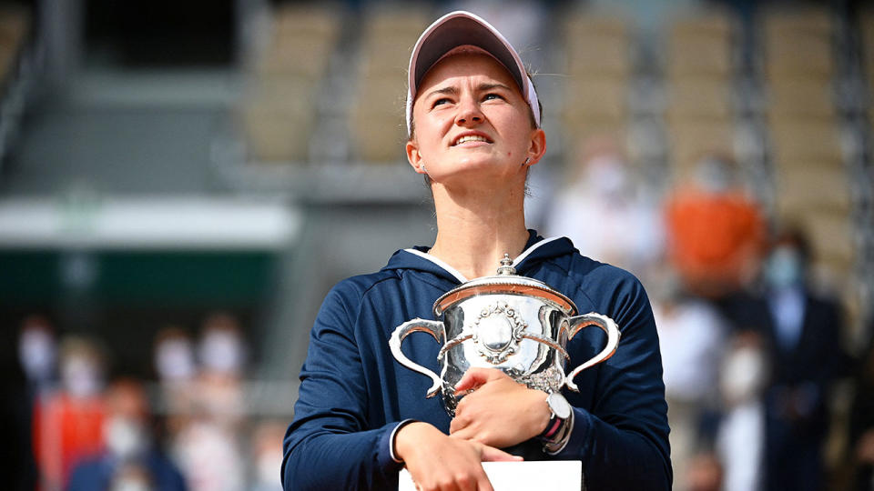 Seen here, Barbora Krejcikova looks to the skies after her French Open triumph. 