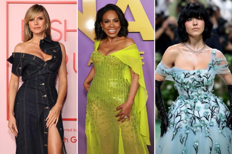 Supermodel Heidi Klum (from left) shows she has great style in her “jeans” with a Sonia Carrasco dress; Sheryl Lee Ralph pops in Georges Hobeika and Sydney Sweeney blooms in blue Miu Miu. Images: Getty