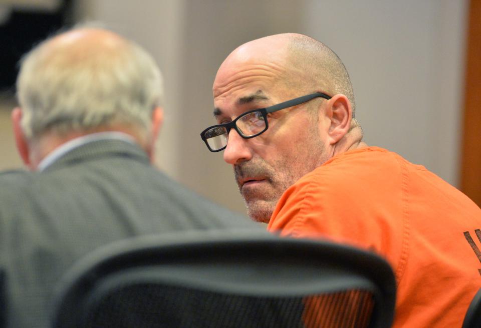 Robert Schnepf speaks to is public defender during his sentencing hearing on Tuesday, Mar. 14, 2023 in Sarasota, Florida. 