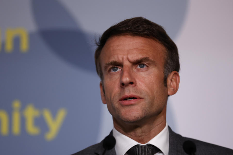 FILE - France President Emmanuel Macron speaks during a press conference at the Europe Summit in Granada, Spain, Thursday, Oct. 5, 2023. (AP Photo/Fermin Rodriguez, File)