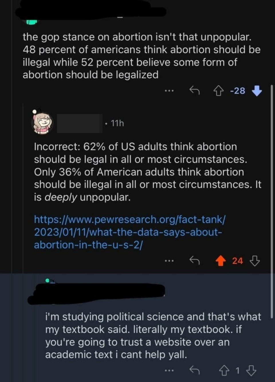 Someone claims their textbook says 48% of Americans think abortion should be illegal, which someone else proves is very outdated with a study by Pew Research