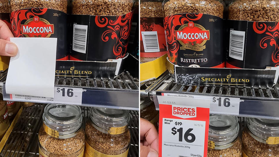 Pictured is the Moccona coffee at Woolworths and the 'Prices Dropped' ticket, explaining it is $16