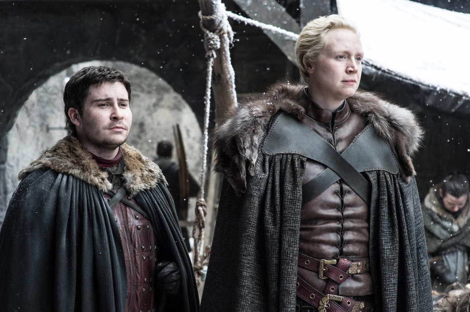 Daniel Portman as Podrick Payne and Gwendoline Christie as Brienne of Tarth. | Helen Sloan/Courtesy of HBO