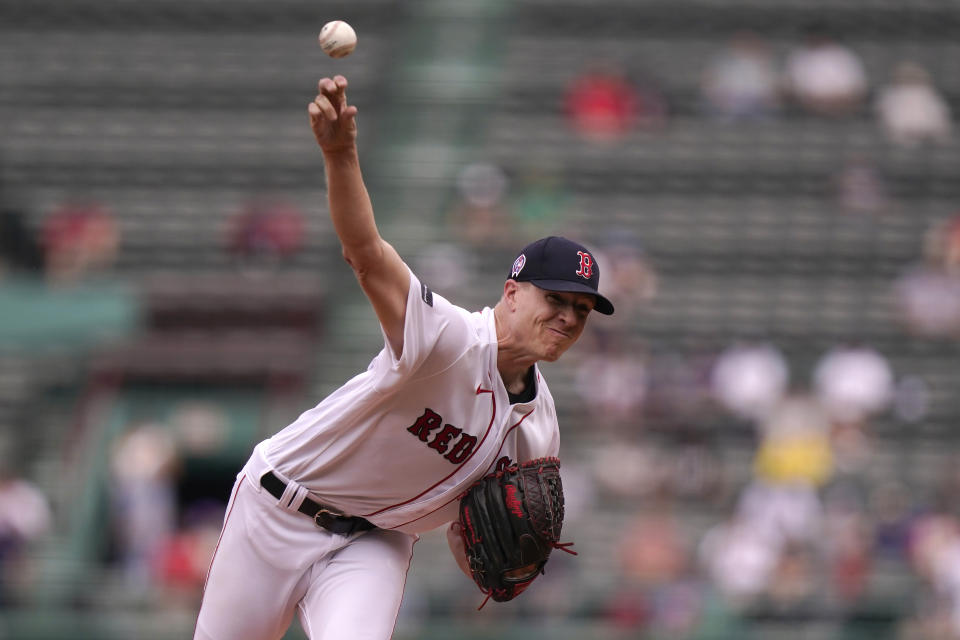 Boston Red Sox' Nick Pivetta delivers a pitch to a New York Yankees batter in the second inning of the first game of a baseball doubleheader, Tuesday, Sept. 12, 2023, in Boston. (AP Photo/Steven Senne)