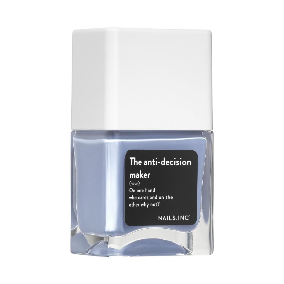 <p>April is when we are officially *so* over all things cold and wintry, and this periwinkle blue is the cutest way to coax the beginnings of a warm Southern spring to come just a little earlier. Fun fact: This nail color line is labeled according to personality type. </p> <p><strong>BUY IT:</strong> $11; <a href="https://click.linksynergy.com/deeplink?id=93xLBvPhAeE&mid=2417&murl=https%3A%2F%2Fwww.sephora.com%2Fproduct%2Flife-hack-nail-collection-P435445%3FskuId%3D2238210%26icid2%3Dnails%2520inc_from%2520the%2520brand_skugrid%3Ap435445%3Aproduct&u1=SL%2CRX_1911_PopularNailColors2020_April%253ATheAnti-DecisionMakerbyNailsInc.%2Ckyarborough1271%2C%2CIMA%2C652851%2C201911%2CI" rel="nofollow noopener" target="_blank" data-ylk="slk:sephora.com;elm:context_link;itc:0;sec:content-canvas" class="link ">sephora.com</a></p>