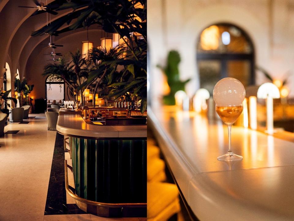 A split image shows the interior of a hotel bar filled with a wraparound green bar and  palm trees (left) and a golden drink with a bubble on top on the top of the bar (right).