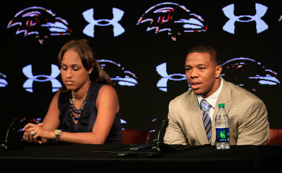 In 2014, NFL player Ray Rice knocked his now-wife, Janay Palmer, unconscious, as seen in viral video footage. (Photo: Getty Images)