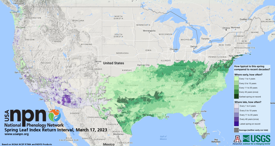 The National Phenology Network's spring leaf index for 2023 shows the earliest spring on record is being recorded in parts of New Jersey and the Northeast.