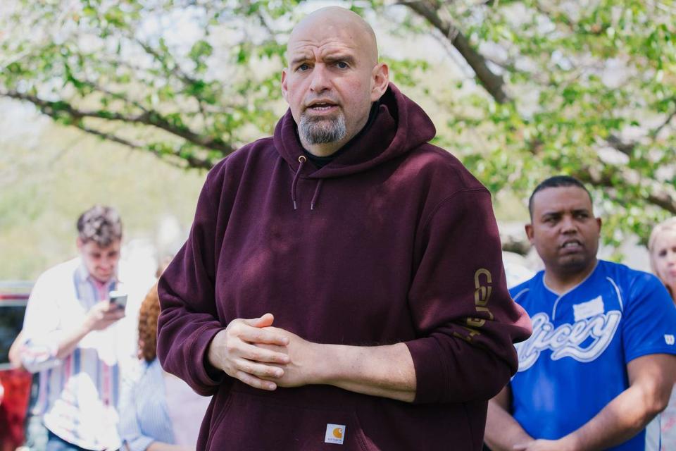 John Fetterman, lieutenant governor of Pennsylvania and Democratic senate candidate, speaks during a campaign event in Lebanon, Pennsylvania, U.S., on Saturday, April 30, 2022. Fetterman, the only candidate who has run statewide, leads the Democratic field with 33% in an Emerson College poll last month.
