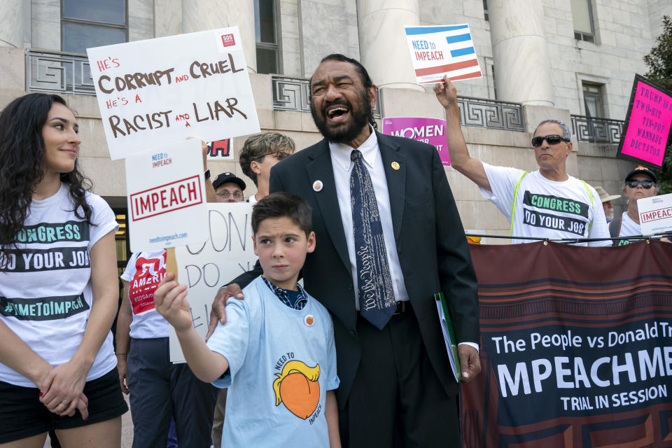 Rep. Al Green, D-Texas, joins impeachment activists with a youth-led group, By The People, to call for Congress to remove President Donald Trump from office, outside the Rayburn House Office Building on Capitol Hill in Washington, Monday, Sept. 23, 2019.  (Photo: J. Scott Applewhite/AP) 