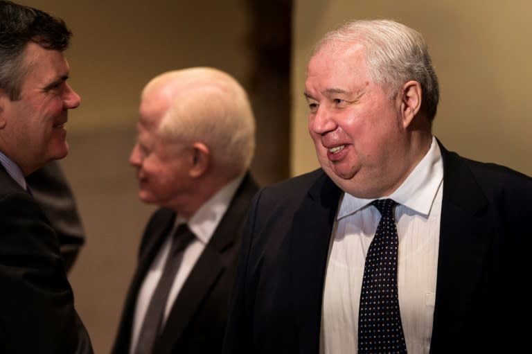 Russian Ambassador to the US Sergey Kislyak (R) speaks with others after a foreign policy speech by Republican US Presidential hopeful Donald Trump at the Mayflower Hotel April 27, 2016 in Washington, DC