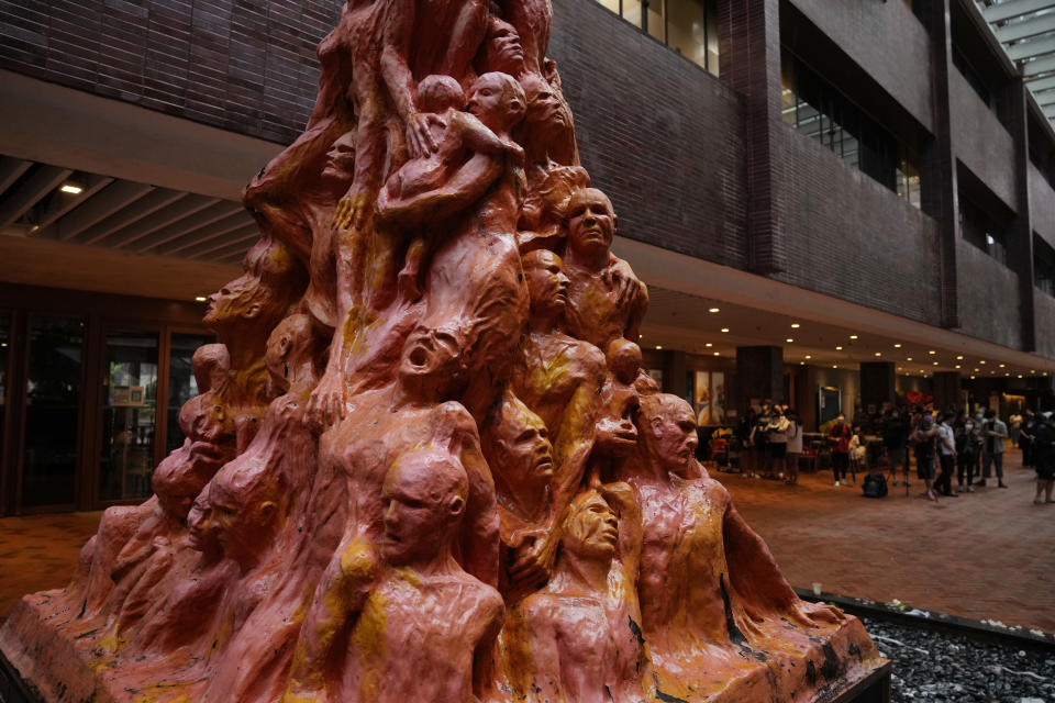 The "Pillar of Shame" statue, a memorial for those killed in the 1989 Tiananmen crackdown, is displayed at the University of Hong Kong, Wednesday, Oct. 13, 2021. Danish artist Jens Galschioet is seeking to get back his sculpture in Hong Kong memorializing the victims of China's 1989 Tiananmen Square crackdown as a deadline loomed for its removal Wednesday. (AP Photo/Kin Cheung)